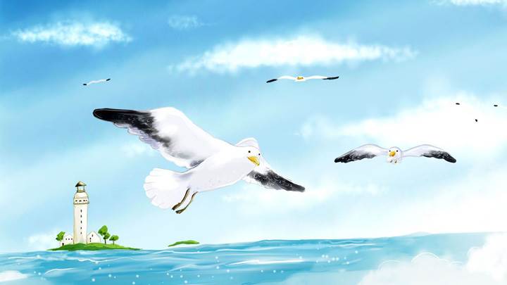 Flying Birds Over The Sea Near Light House